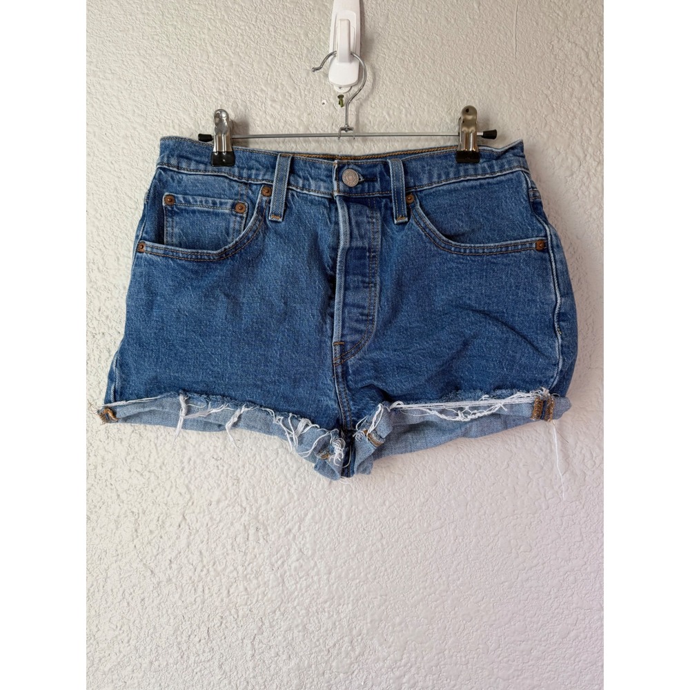 Levis 501 Original High Rise Cut Off Denim Shorts Medium Wash Blue W27